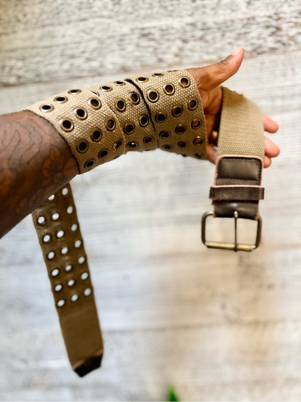 Jacob Connexion | Y2K Triple-Row Grommet Woven Punk/Alt Belt - M/L, Beige/Brown